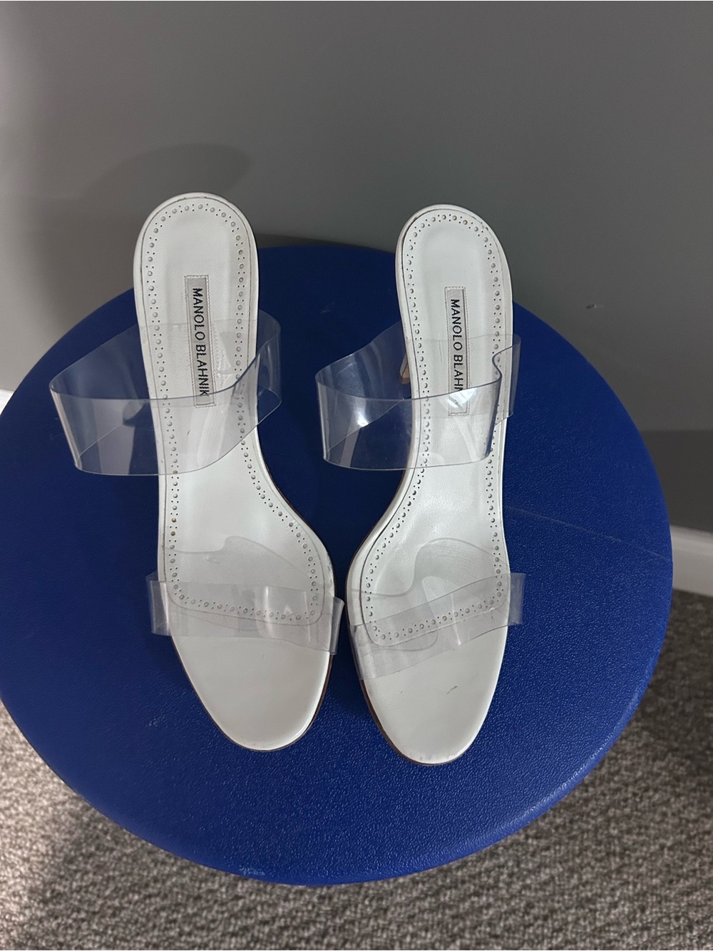 Manolo Blahnik White Leather Slides with Clear Straps